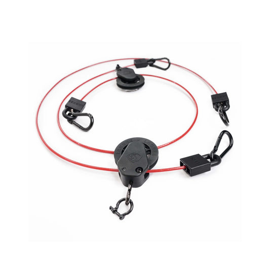 Lagree Fitness Upgraded pair of red short cables with enclosed black pulley housings and carabiner connectors