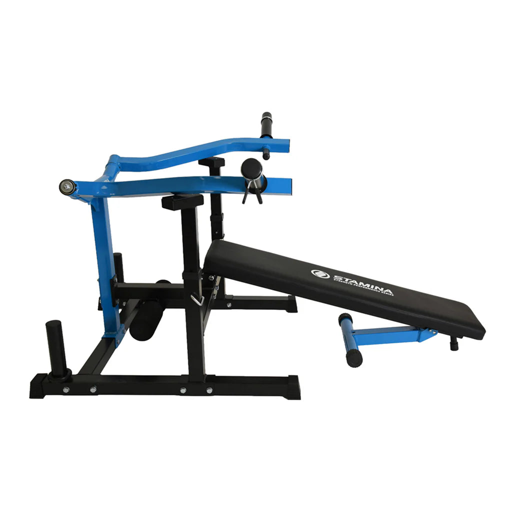 adjustable bench press machine for home gym with guided press arms and weight plate system