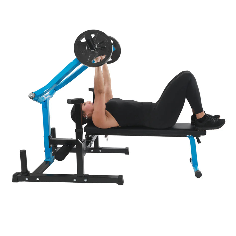 adjustable bench press machine for home gym with guided press arms and weight plate system