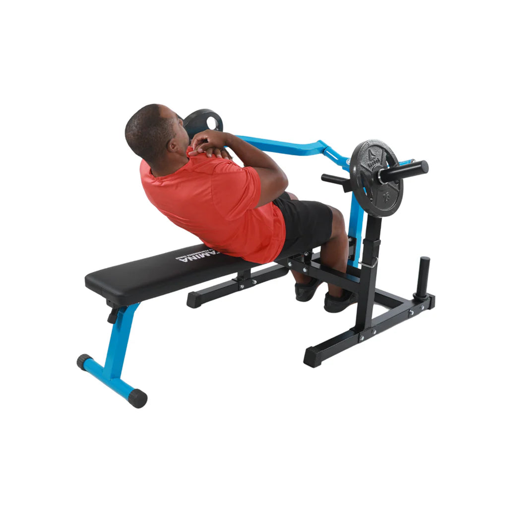adjustable bench press machine for home gym with guided press arms and weight plate system