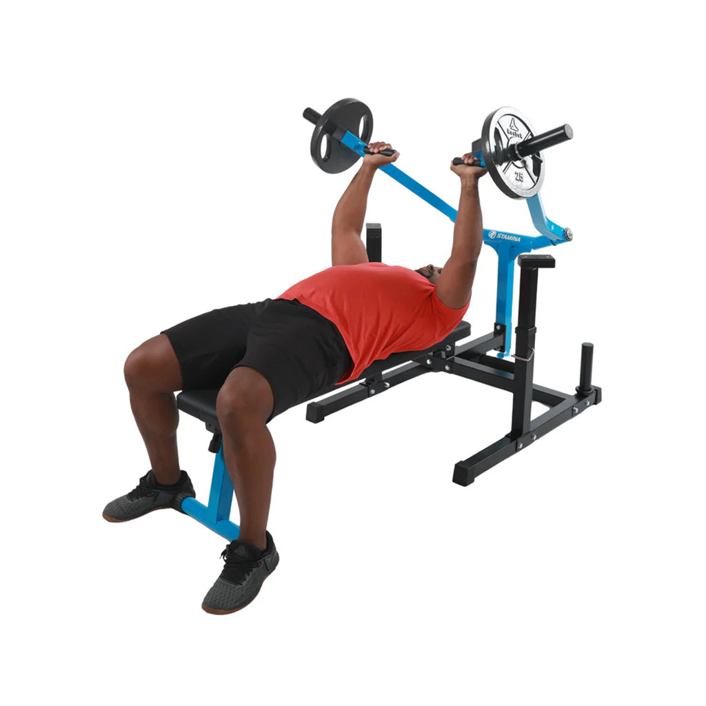 adjustable bench press machine for home gym with guided press arms and weight plate system