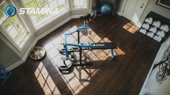 adjustable bench press machine for home gym with guided press arms and weight plate system